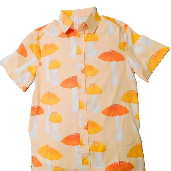 New Orange and Yellow Mushroom Print Button Front Short Sleeved Shirt - Picture 1 of 5